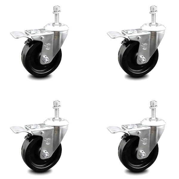 4 Inch Phenolic Swivel 3/8 Inch Threaded Stem Caster Set with Total Lock Brake
